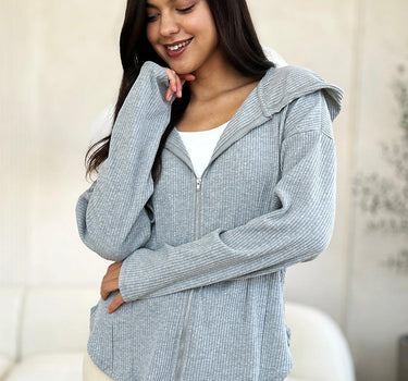 Culture Code Full Size Ribbed Zip Up Drawstring Hooded Jacket