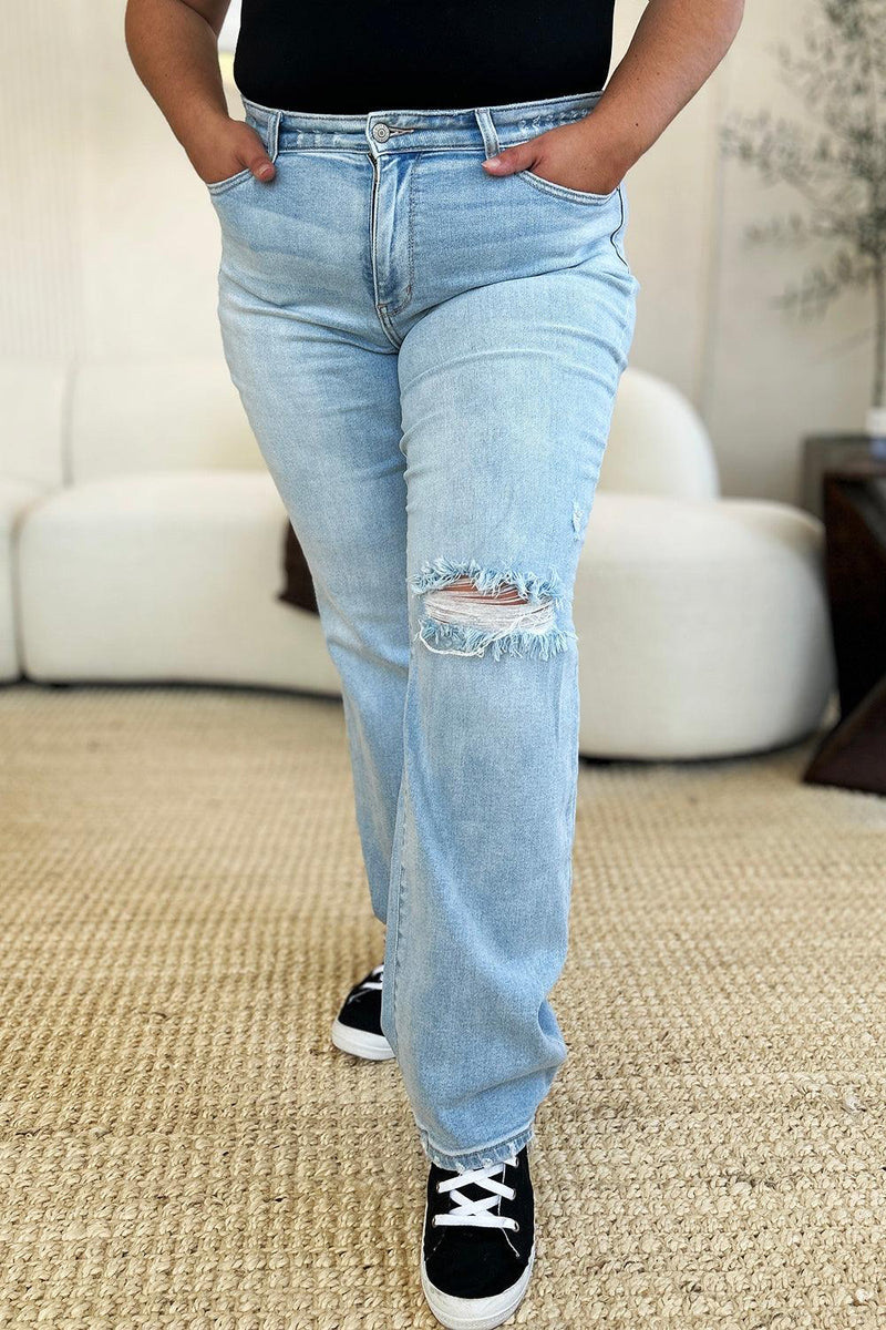 Judy Blue Full Size High Waist Distressed Straight Jeans - Three Mad Hatters Mercantile 