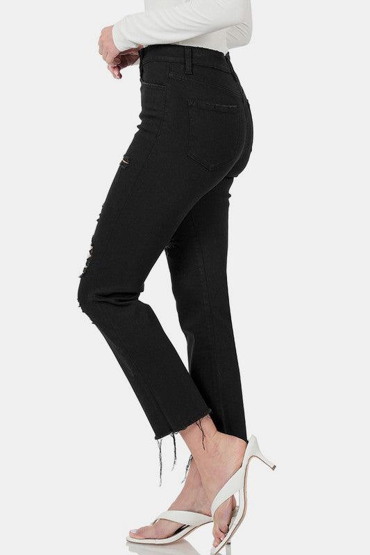 Zenana Distressed Raw Hem Cropped Jeans - Three Mad Hatters Mercantile 