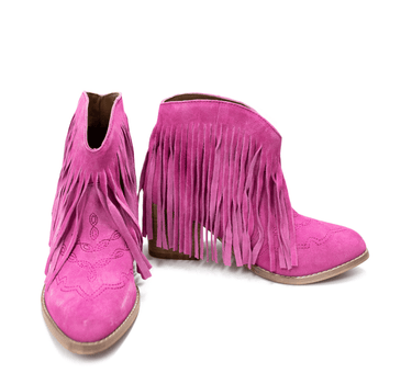 Amos Fringe Ankle Bootie in Magenta Suede