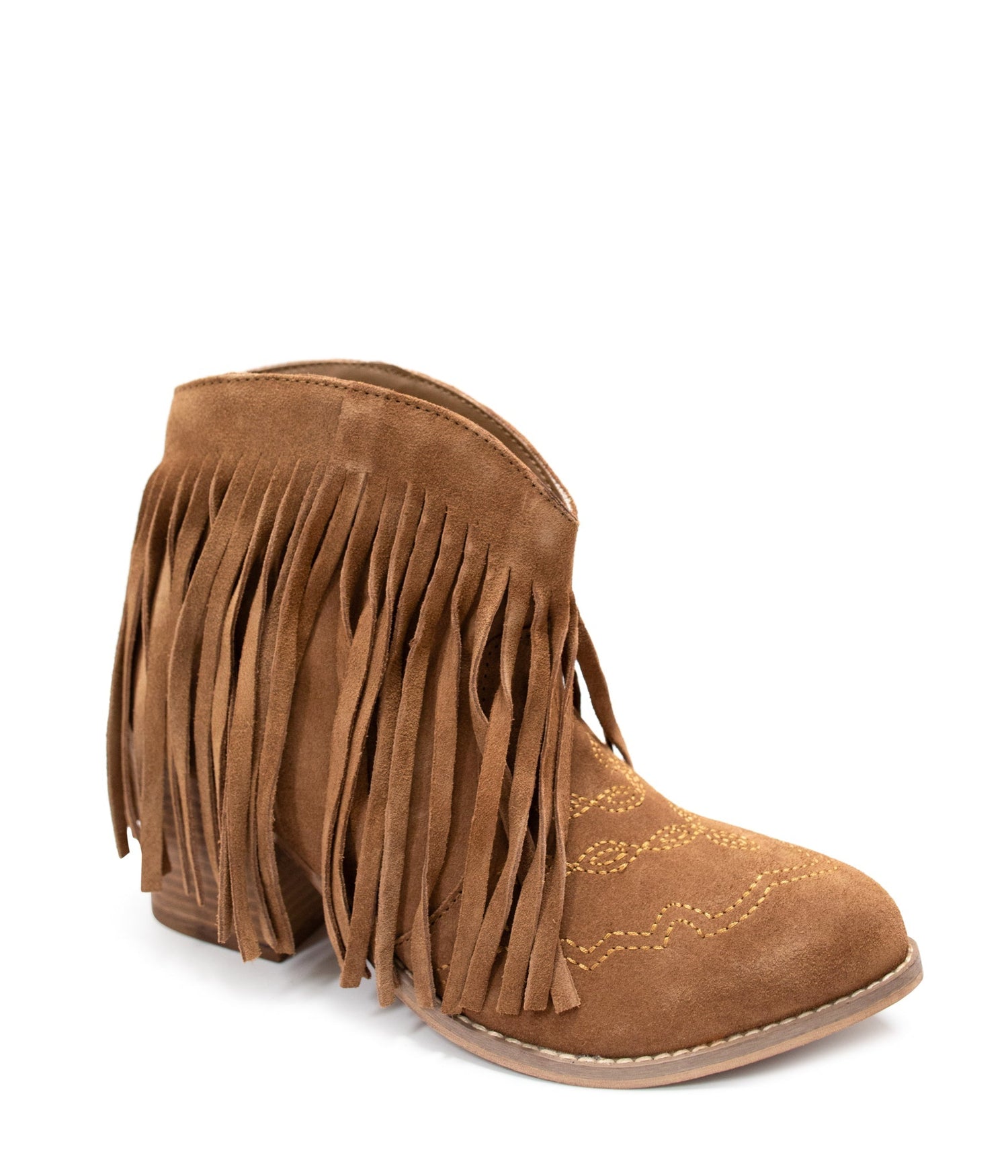 Amos Fringe Ankle Bootie in Tan Suede Shoes   