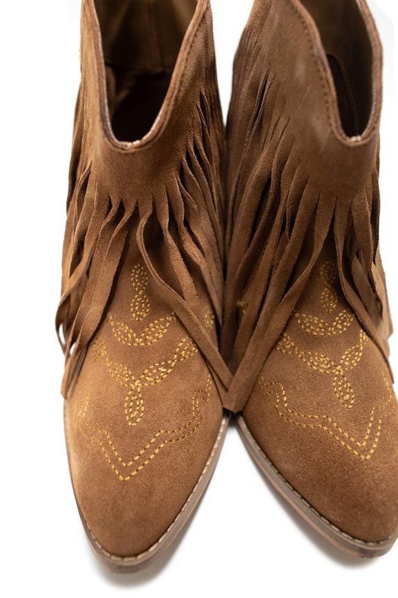 Amos Fringe Ankle Bootie in Tan Suede Shoes   