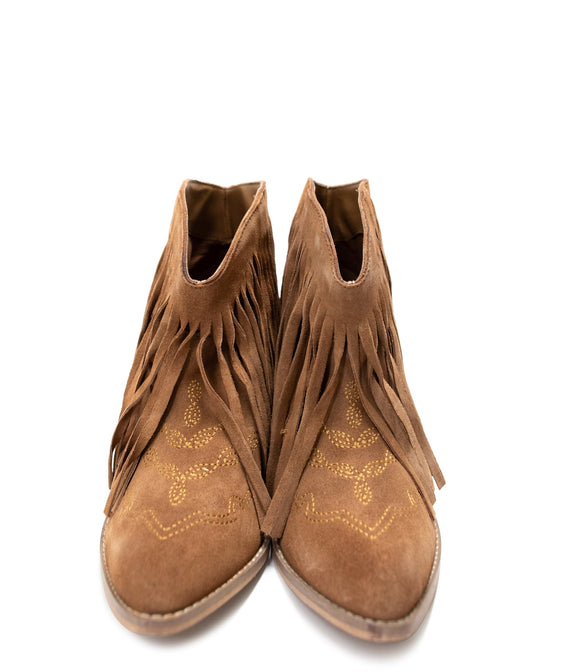 Amos Fringe Ankle Bootie in Tan Suede Shoes   