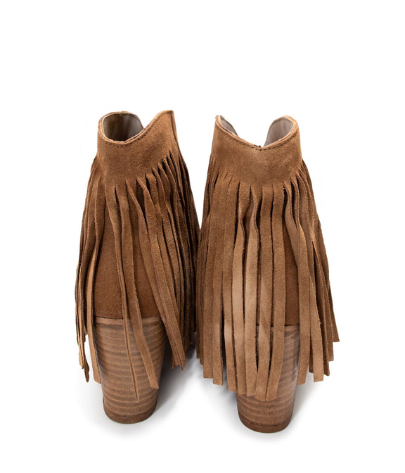 Amos Fringe Ankle Bootie in Tan Suede Shoes   