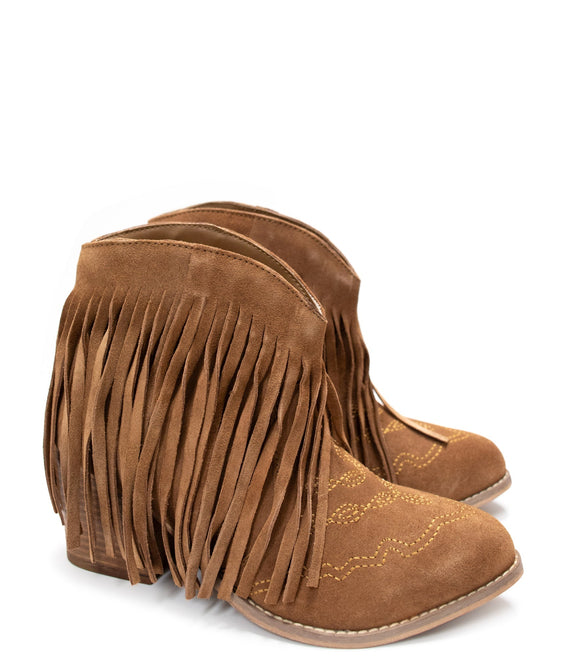 Amos Fringe Ankle Bootie in Tan Suede Shoes   