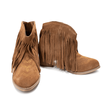 Amos Fringe Ankle Bootie in Tan Suede