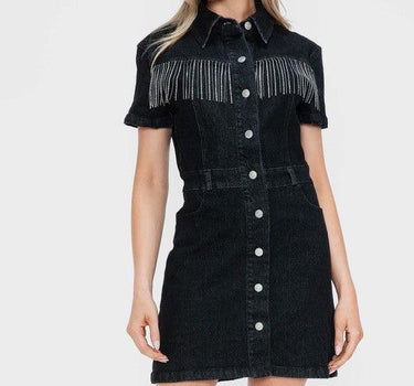 Bytos Embellished Button Down Short Sleeve Denim Dress