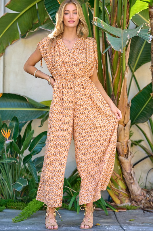 Printed V-Neck Sleeveless Jumpsuit Jumpsuit   