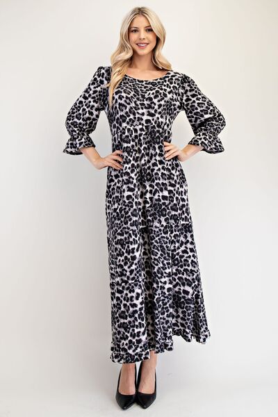 Celeste Full Size Leopard Round Neck Flounce Sleeve Dress Womens Maxi Dress Grey Leopard S