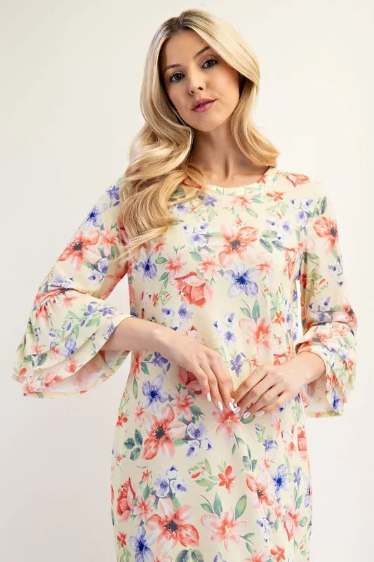 Celeste Soft Floral Ruffle Trim Dress Plus Size Womens Midi Dress