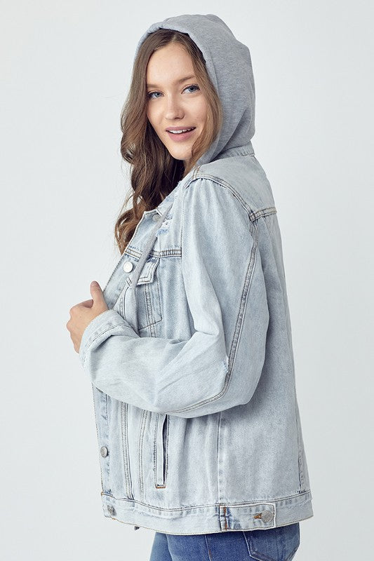 RISEN Distressed Drawstring Hooded Denim Jacket Womens Jacket