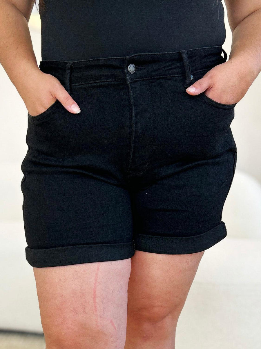 Judy Blue Full Size High Waist Tummy Control Cuffed Denim Shorts - Three Mad Hatters Mercantile 