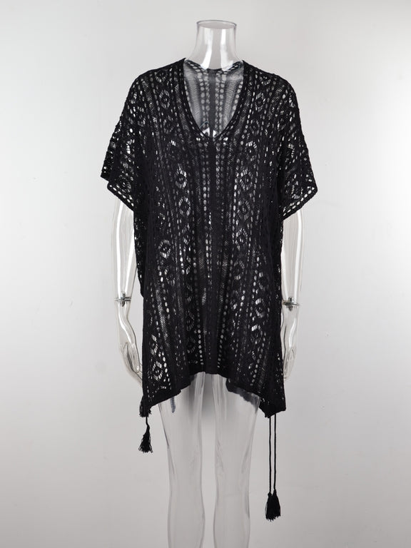 Cutout V-Neck Cover-Up with Tassel  Black One Size 