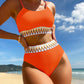 Scoop Neck Spaghetti Strap Two-Piece Swim Set  Orange S 