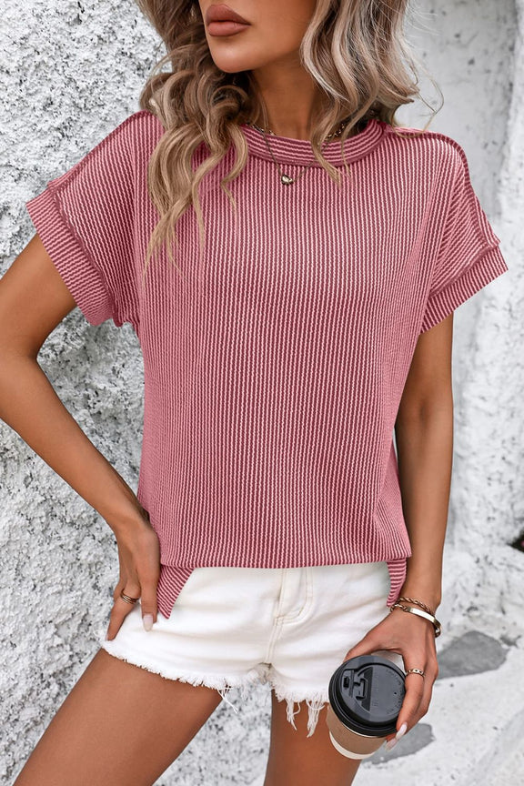 Striped Round Neck Short Sleeve T-Shirt Womens T-shirt Deep Rose S 