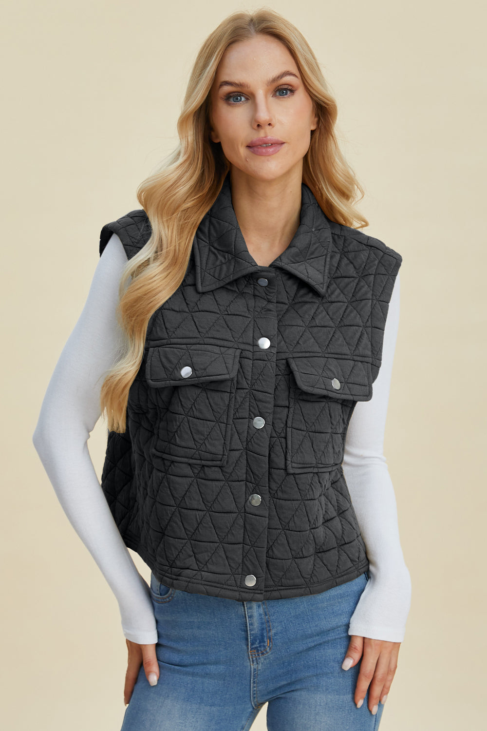 Double Take Pocketed Texture Snap Down Vest Snap Down Vest