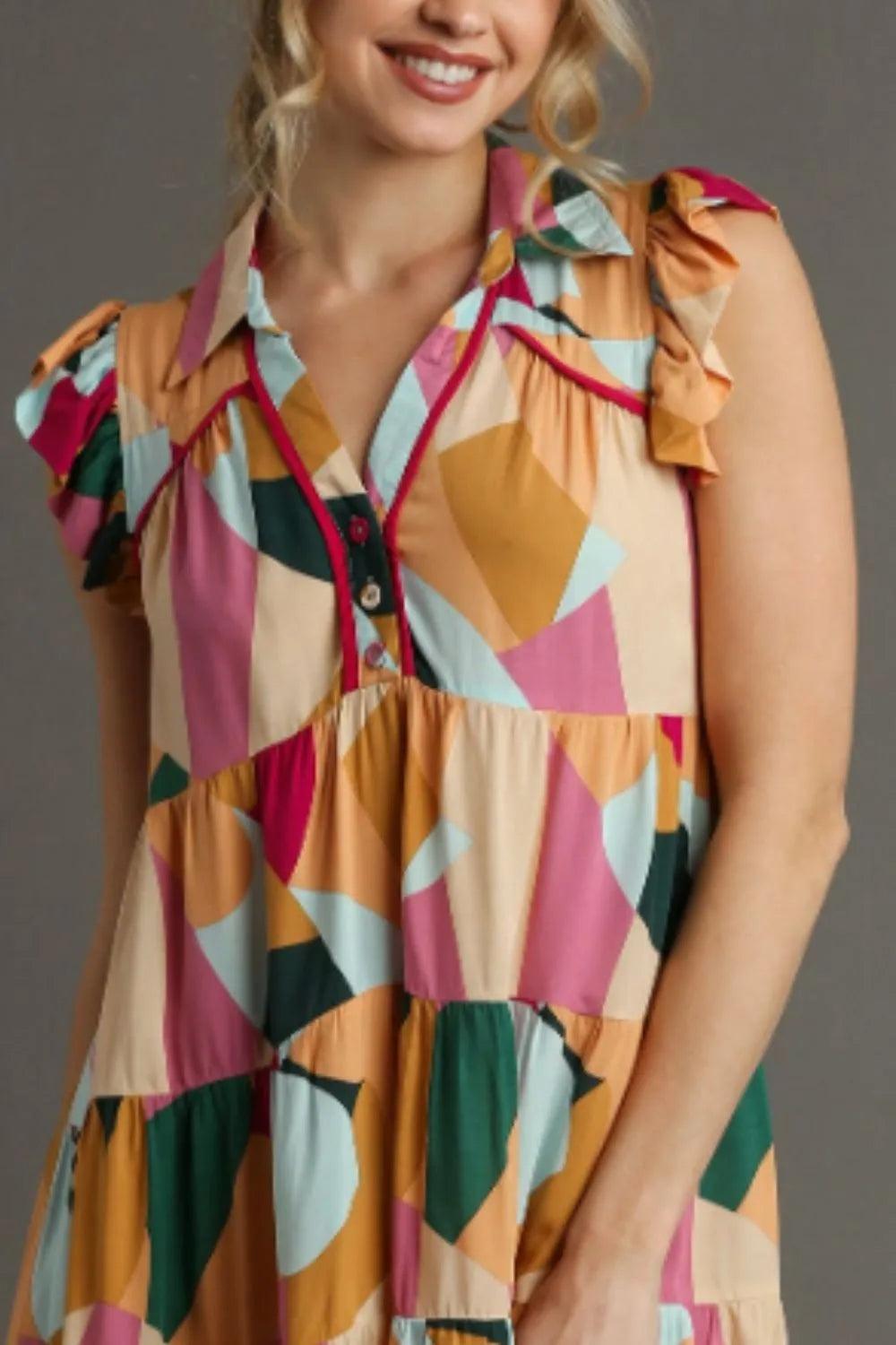 Umgee Button Detail Ruffle Sleeve Mini Dress Plus Size - Three Mad Hatters Mercantile 