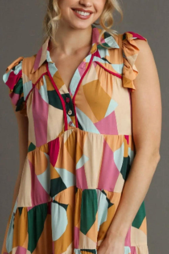 Umgee Button Detail Ruffle Sleeve Mini Dress Plus Size - Three Mad Hatters Mercantile 