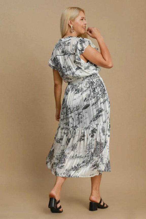 Umgee Two Tone Landscape Print Midi Dress Plus Size - Three Mad Hatters Mercantile 