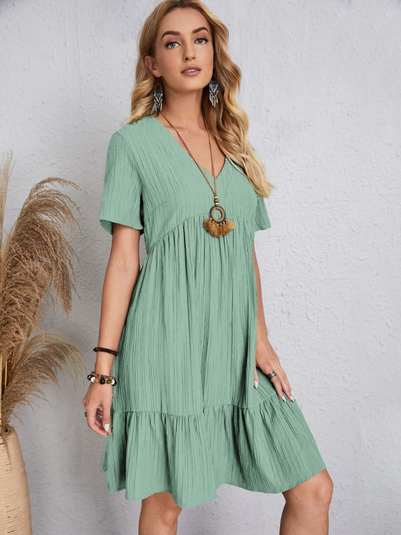 Full Size V-Neck Short Sleeve Dress  Light Green S 