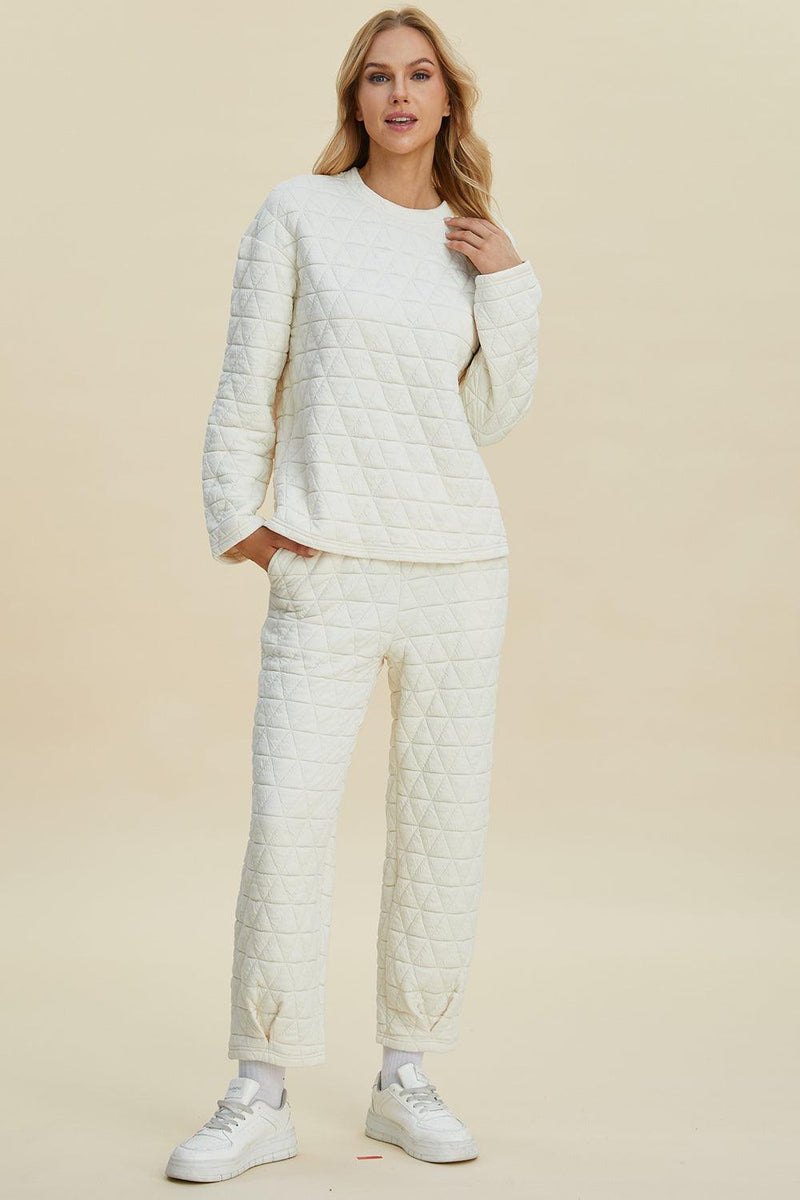 Double Take Textured Long Sleeve Top and Pants Set - Three Mad Hatters Mercantile 