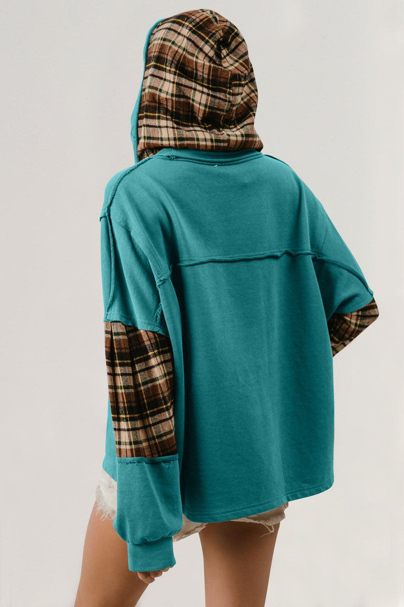 Double Take Drawstring Plaid Star Patch Long Sleeve Hoodie - Three Mad Hatters Mercantile 