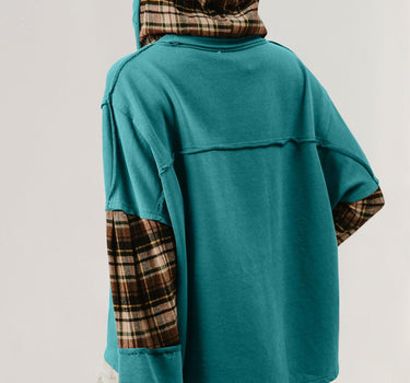 Double Take Drawstring Plaid Star Patch Long Sleeve Hoodie