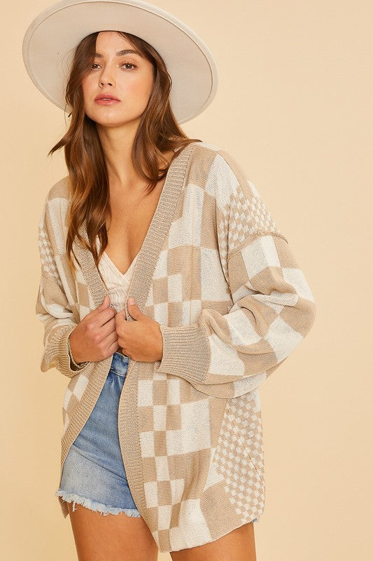 Annie Wear Checkered Open Front Drop Shoulder Cardigan Womens Cardigan Tan S