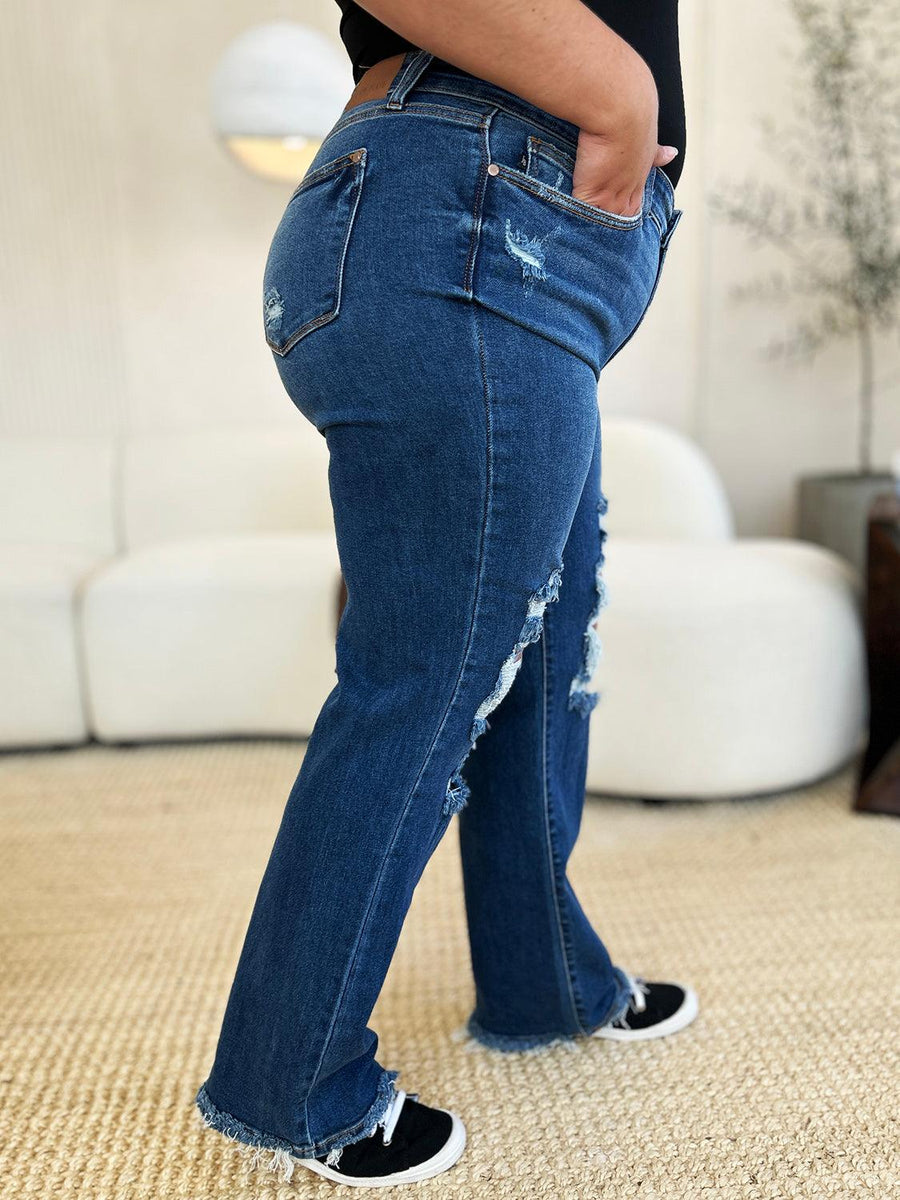 Judy Blue Full Size Mid Rise Distressed Raw Hem Jeans - Three Mad Hatters Mercantile 