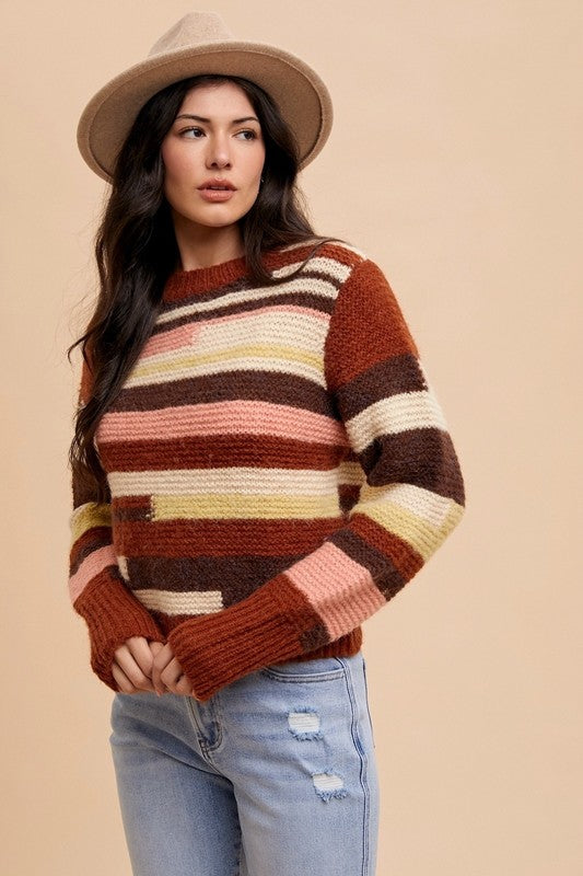 Annie Wear Color Block Round Neck Long Sleeve Sweater Womens Sweater