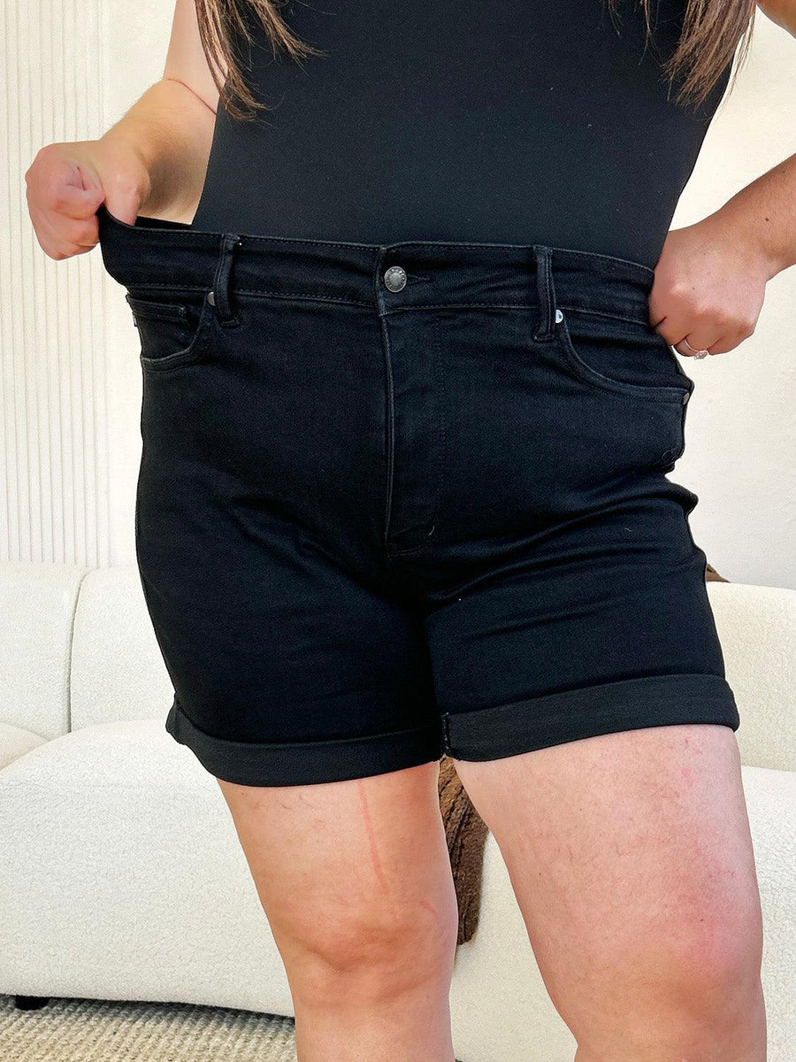 Judy Blue Full Size High Waist Tummy Control Cuffed Denim Shorts - Three Mad Hatters Mercantile 