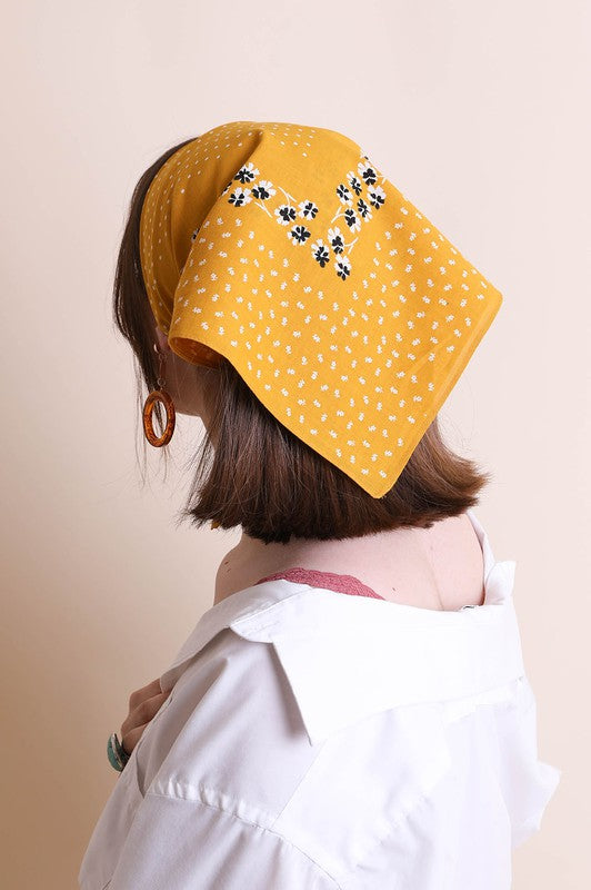 Dot and Floral Border Bandana Scarf Scarf Mustard Default 