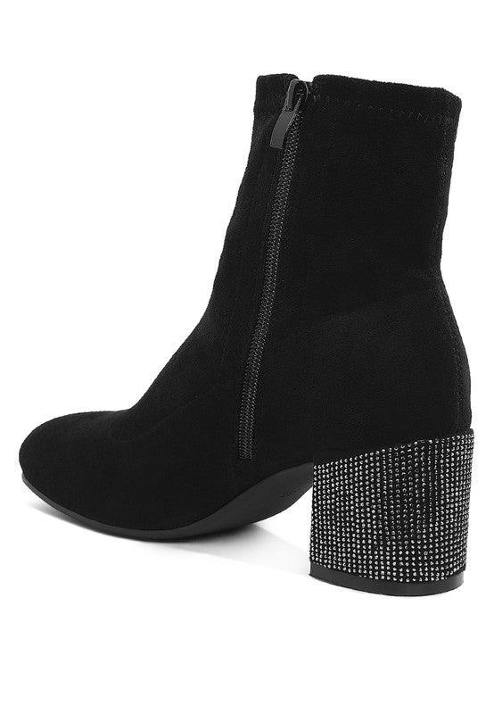 Chena Rhinestones Embellished Block Heel Boots - Three Mad Hatters Mercantile 