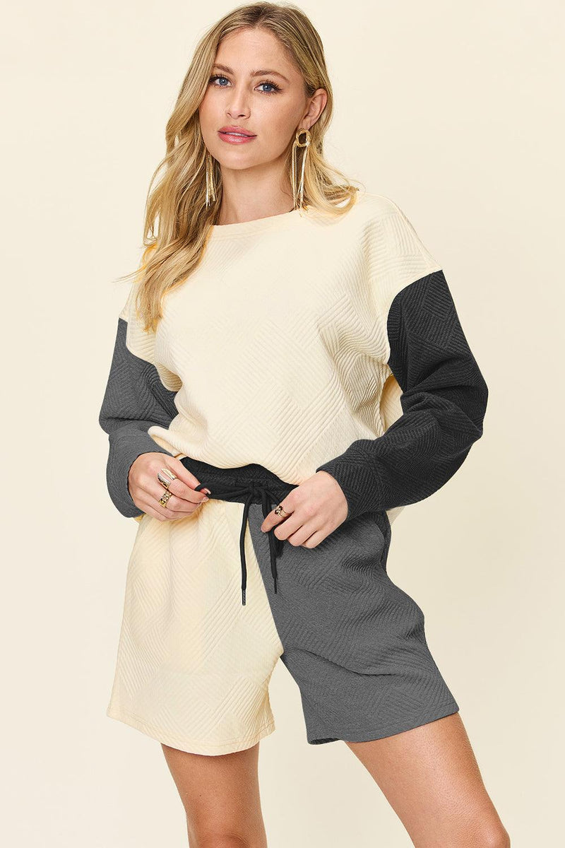 Double Take Contrast Drop Shoulder Top and Shorts Set - Three Mad Hatters Mercantile 
