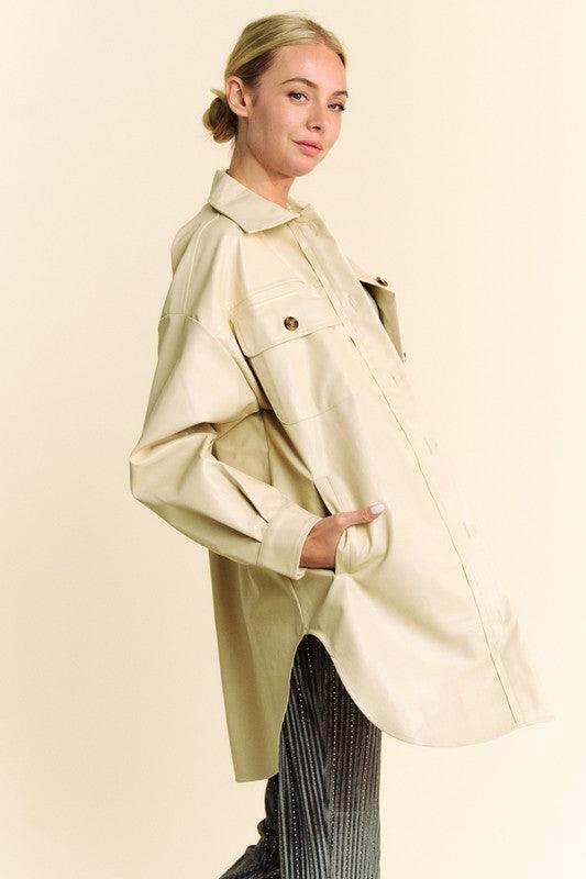 Davi & Dani Faux Leather Button Up Jacket with Chest Pockets - Three Mad Hatters Mercantile 