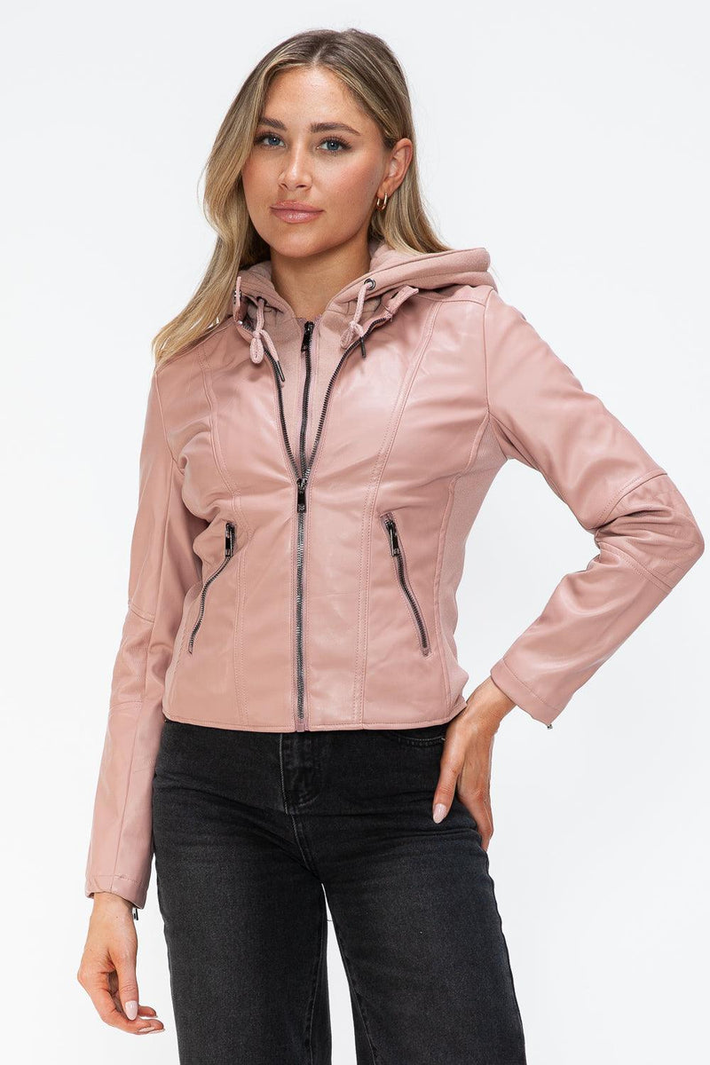 Snobbish Faux Leather Zip Up Drawstring Hooded Jacket - Three Mad Hatters Mercantile 