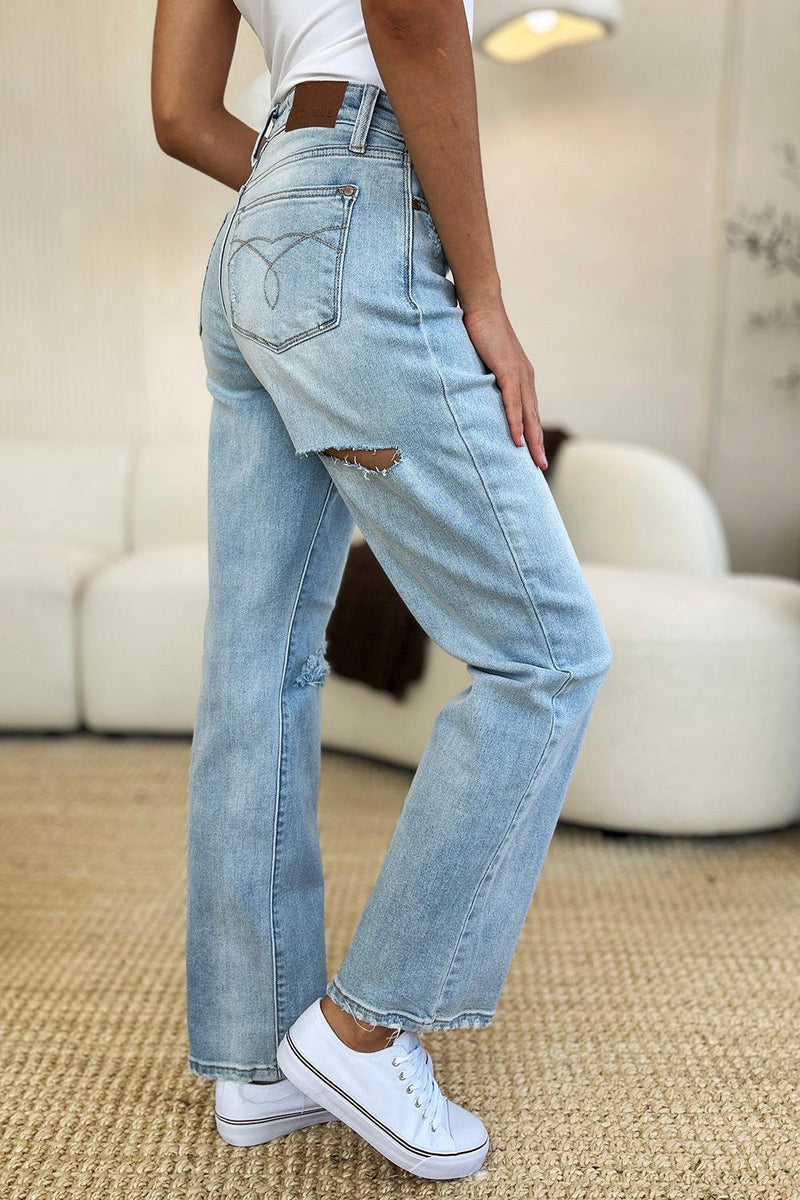 Judy Blue Full Size High Waist Distressed Straight Jeans - Three Mad Hatters Mercantile 