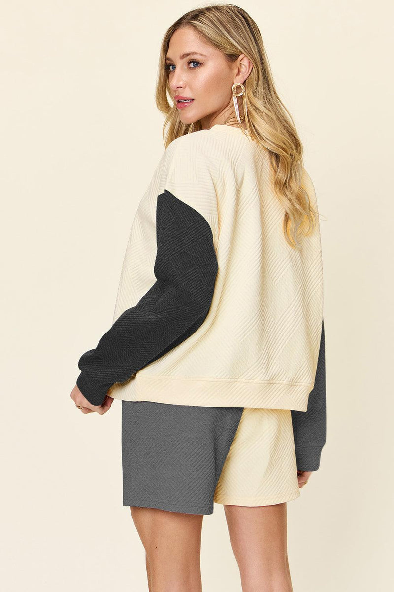 Double Take Contrast Drop Shoulder Top and Shorts Set - Three Mad Hatters Mercantile 