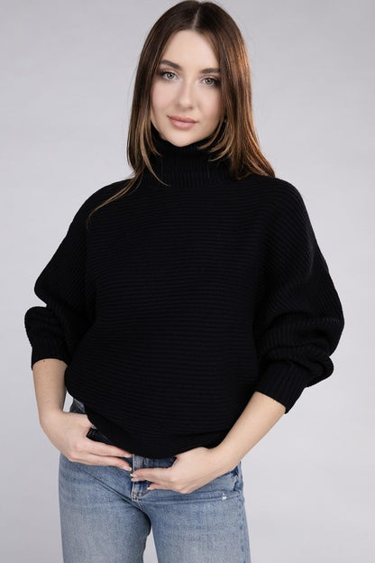 Viscose Dolman Sleeve Turtleneck Sweater Long Sleeve Blouse BLACK S 