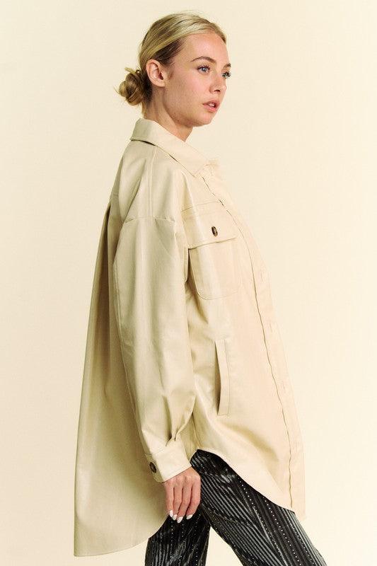 Davi & Dani Faux Leather Button Up Jacket with Chest Pockets - Three Mad Hatters Mercantile 