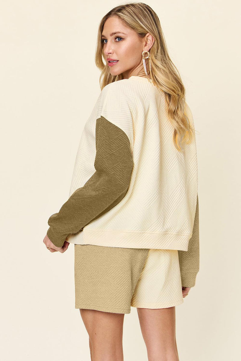 Double Take Contrast Drop Shoulder Top and Shorts Set - Three Mad Hatters Mercantile 