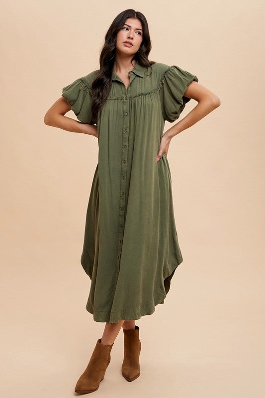 Annie Wear Mineral Washed Button Down Puff Sleeve Shirt Dress Womens Dresses Army Green S