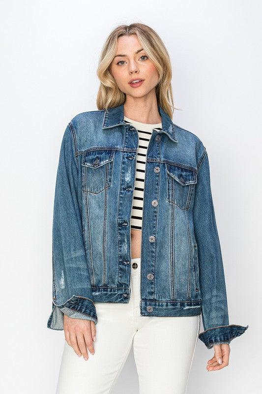 RISEN Distressed Button Up Jacket - Three Mad Hatters Mercantile 