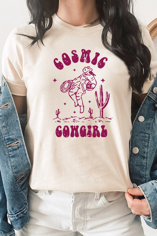 Cosmic Cowgirl Graphic Tee Womens Graphic T-shirt Cream S 