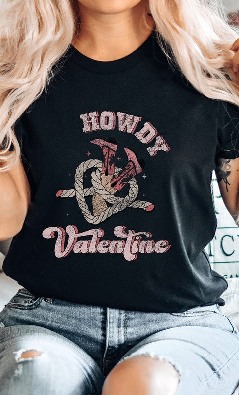 Howdy Valentine Cowboy Boots Graphic Tee T- Shirt Heather Black S 