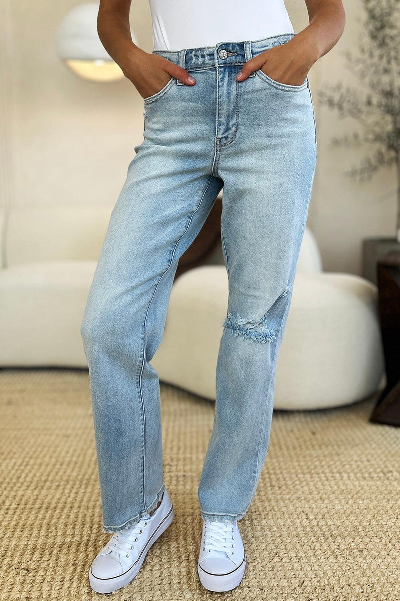 Judy Blue Full Size High Waist Distressed Straight Jeans - Three Mad Hatters Mercantile 