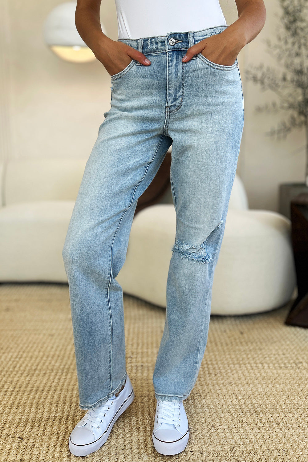 Judy Blue Full Size High Waist Distressed Straight Jeans Womens Straight Leg Jeans   