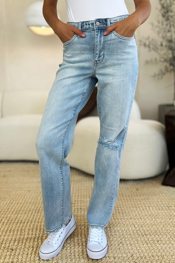 Judy Blue Full Size High Waist Distressed Straight Jeans Womens Straight Leg Jeans   