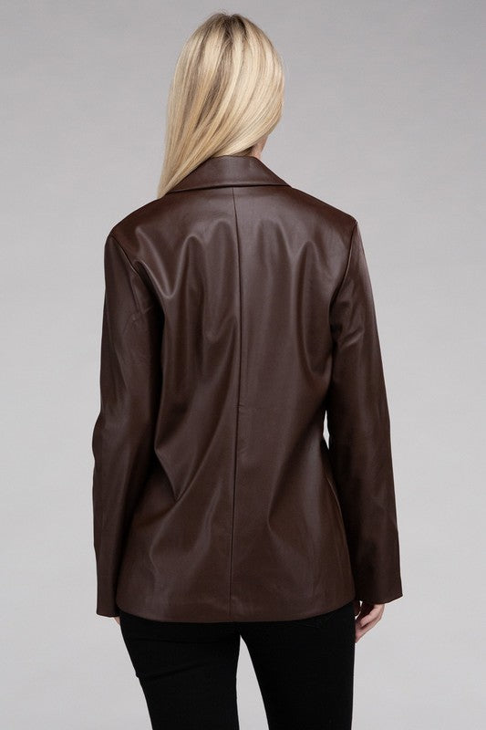 Sleek Pu Leather Blazer with Front Closure Blazer   