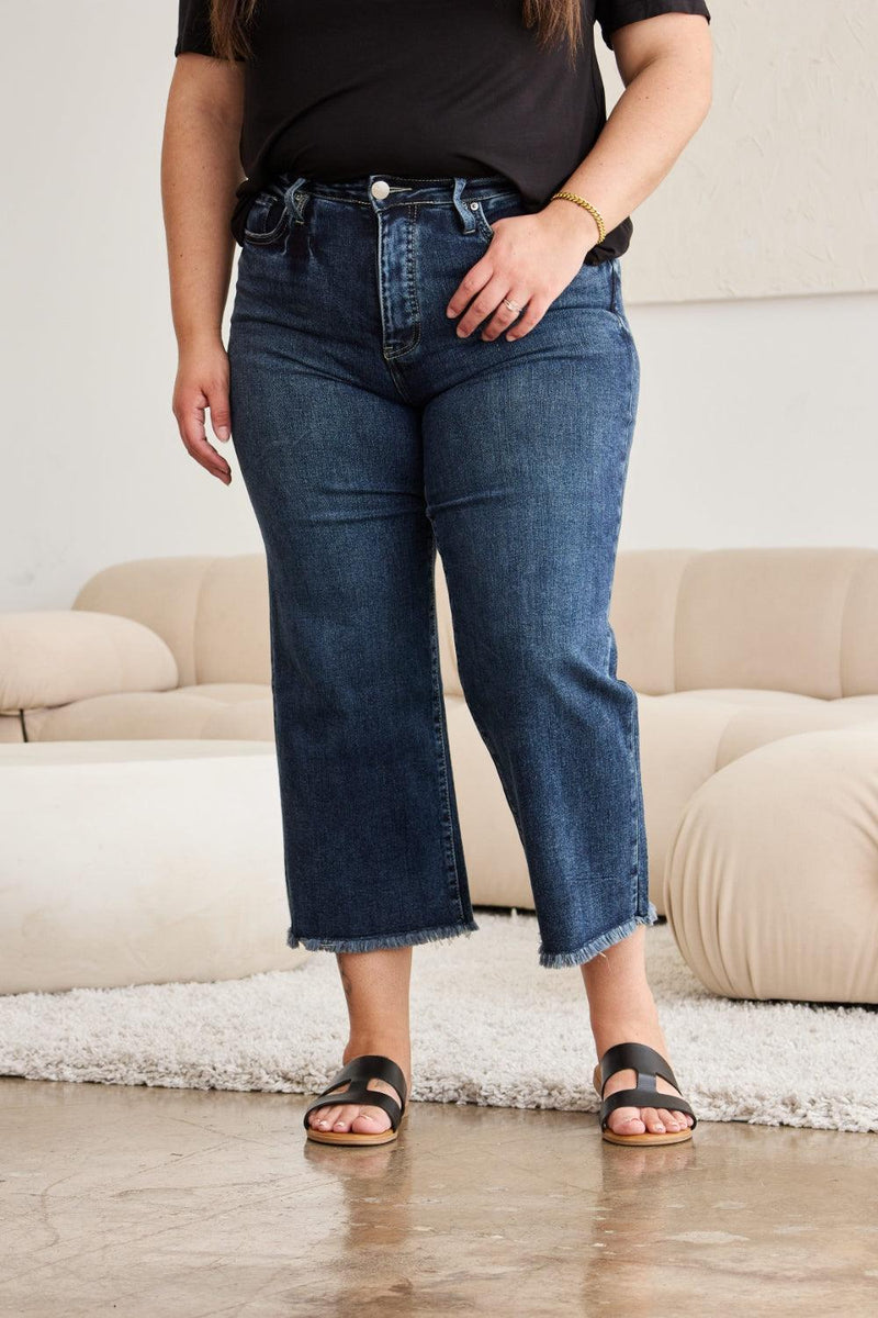 RFM Tummy Control High Waist Raw Hem Jeans - Three Mad Hatters Mercantile 